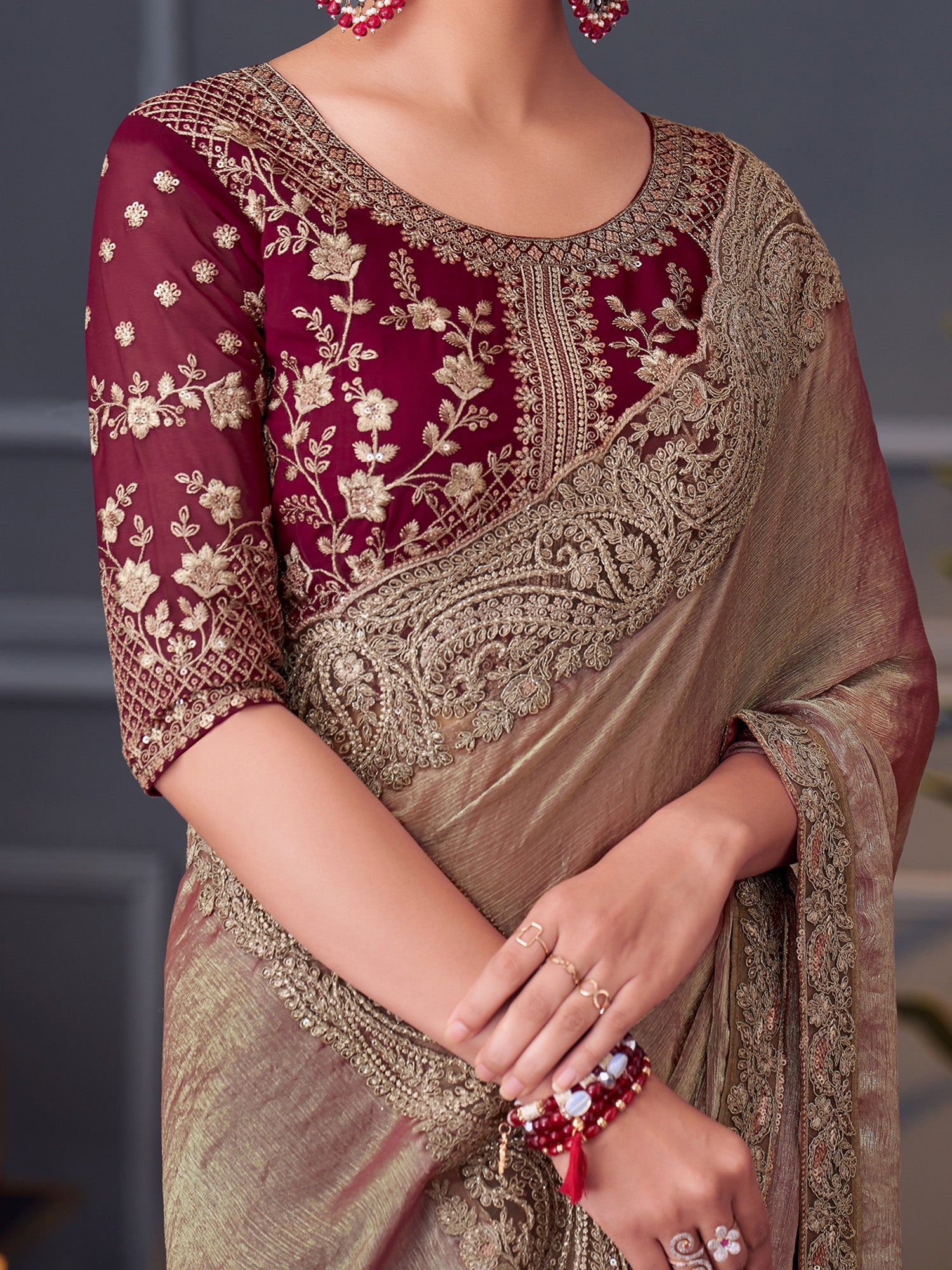Burgundy Chiffon Emblished Party Wear - Ressa