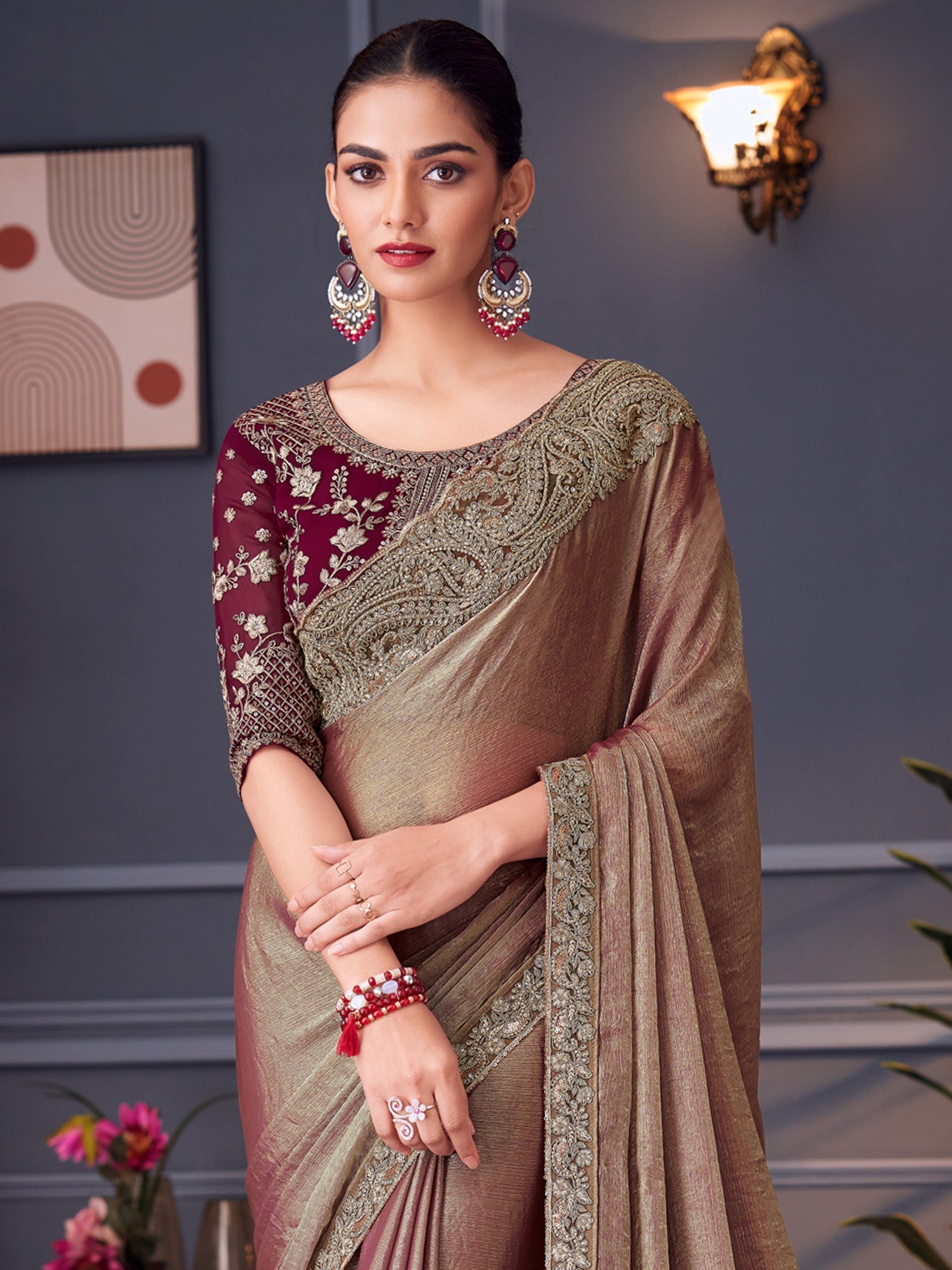Burgundy Chiffon Emblished Party Wear - Ressa