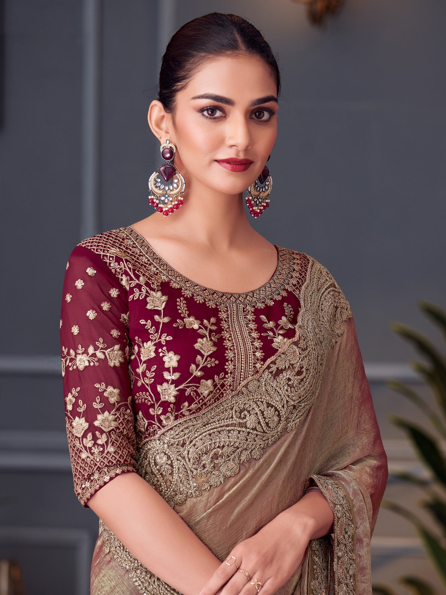 Burgundy Chiffon Emblished Party Wear - Ressa