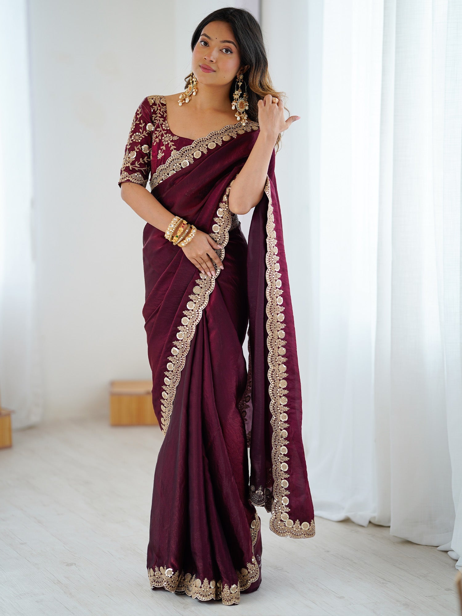 Burgundy Embellished Tissue Silk Sarees - Ressa