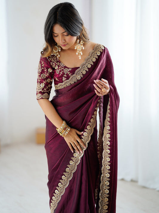 Burgundy Embellished Tissue Silk Sarees - Ressa