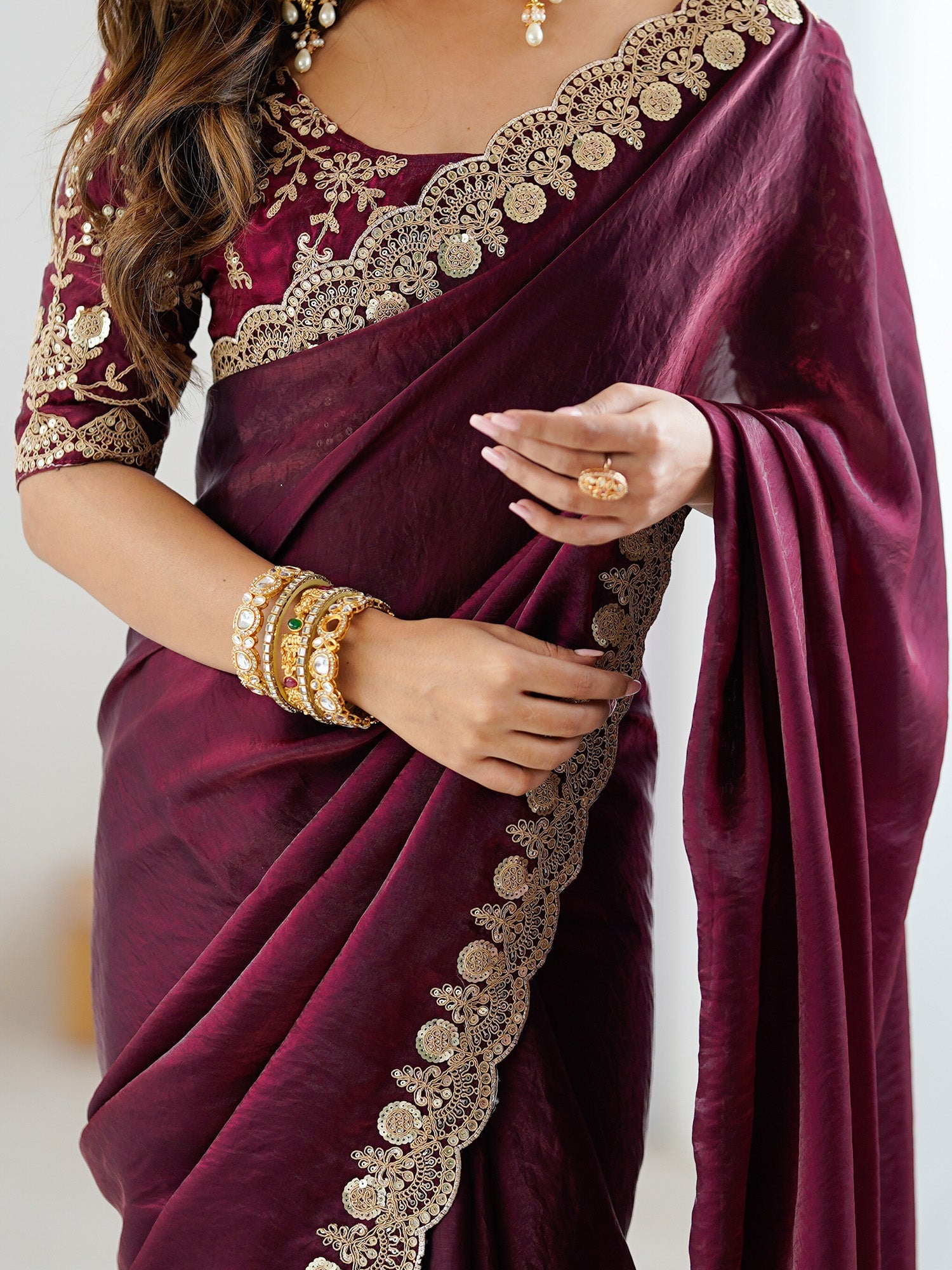 Burgundy Embellished Tissue Silk Sarees - Ressa