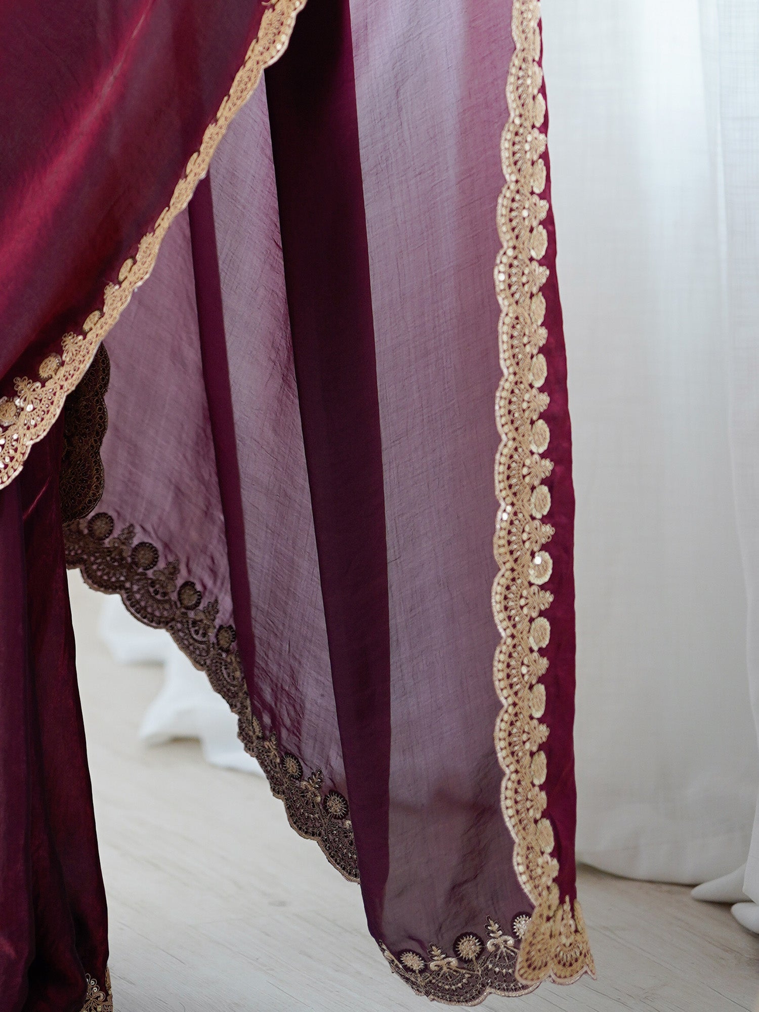 Burgundy Embellished Tissue Silk Sarees - Ressa