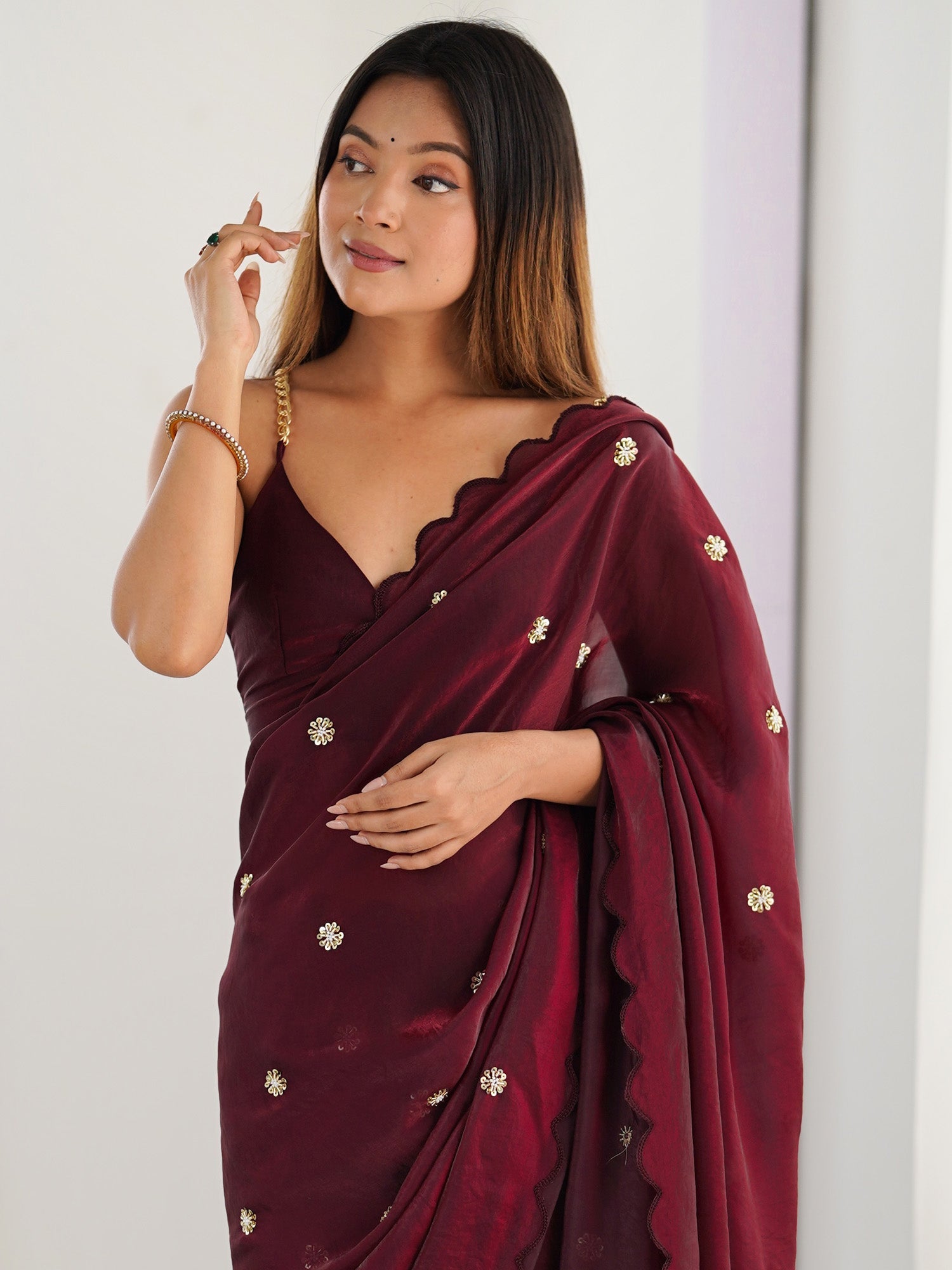 Burgundy Satin Silk Emblished Saree - Ressa