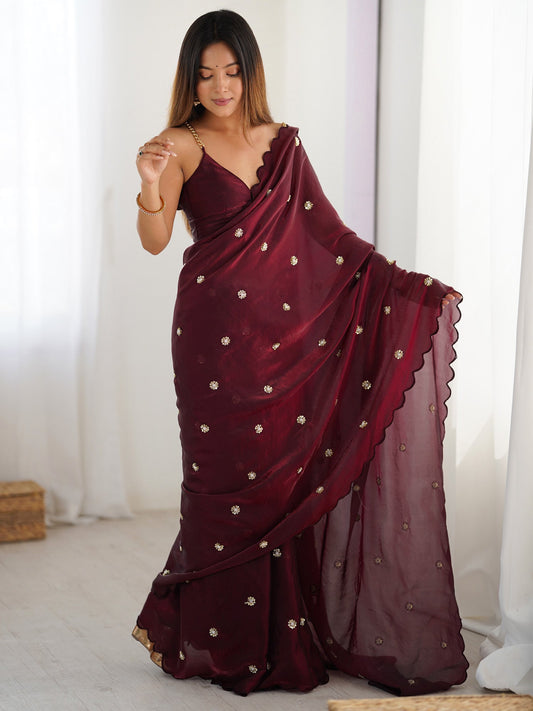 Burgundy Satin Silk Emblished Saree - Ressa