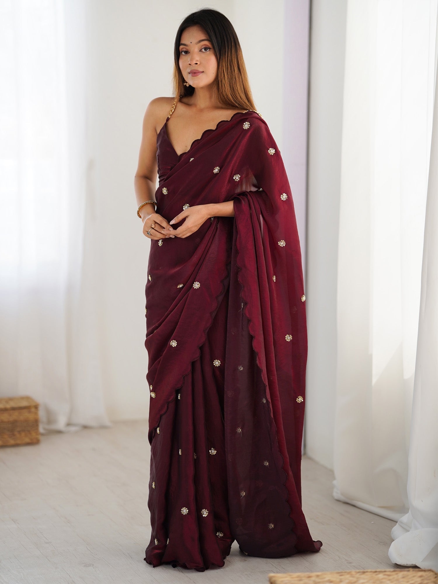 Burgundy Satin Silk Emblished Saree - Ressa