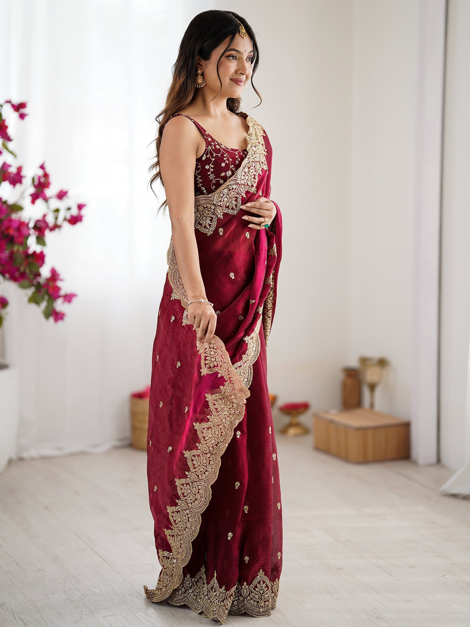 Burgundy Tissue Silk Ethnic Saree with Embroidered Blouse - Ressa