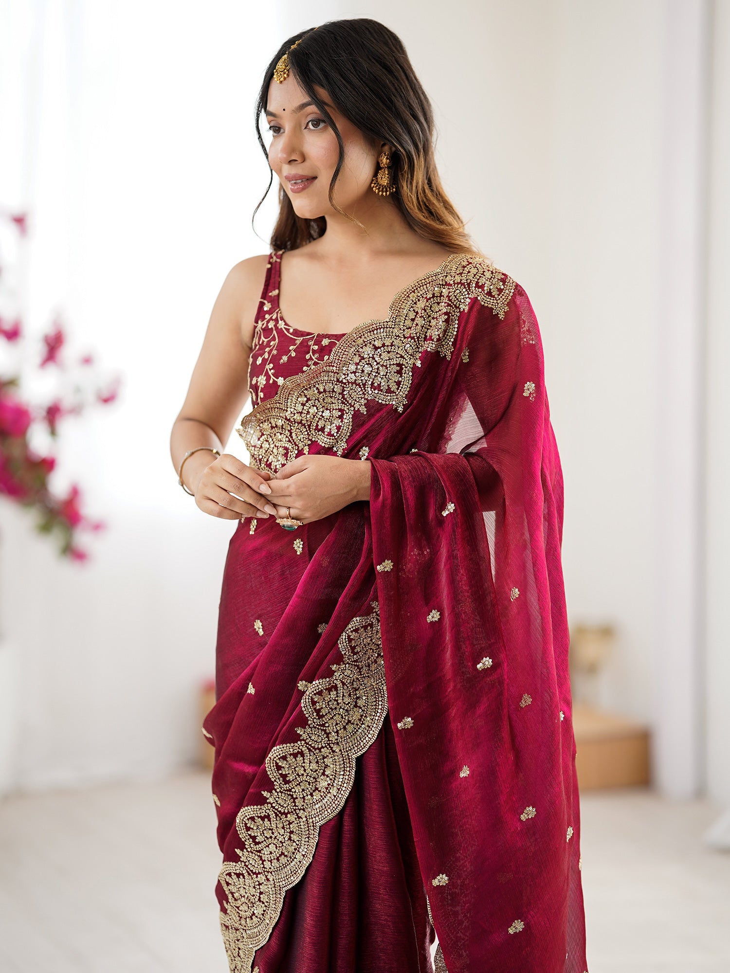 Burgundy Tissue Silk Ethnic Saree with Embroidered Blouse - Ressa