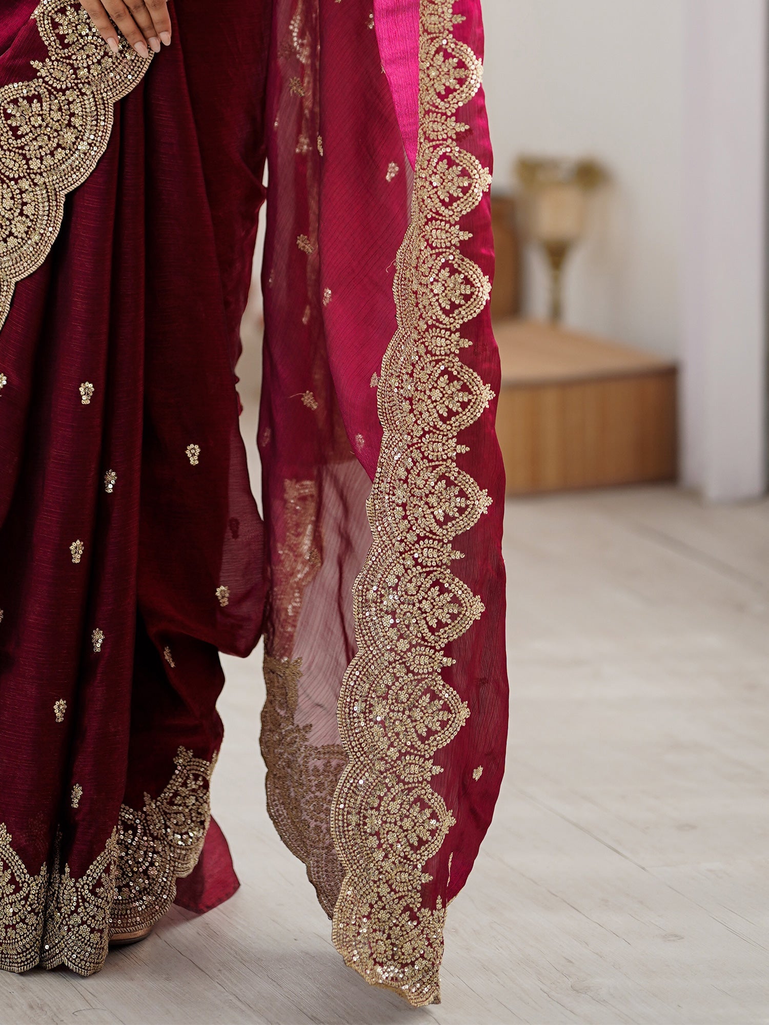Burgundy Tissue Silk Ethnic Saree with Embroidered Blouse - Ressa