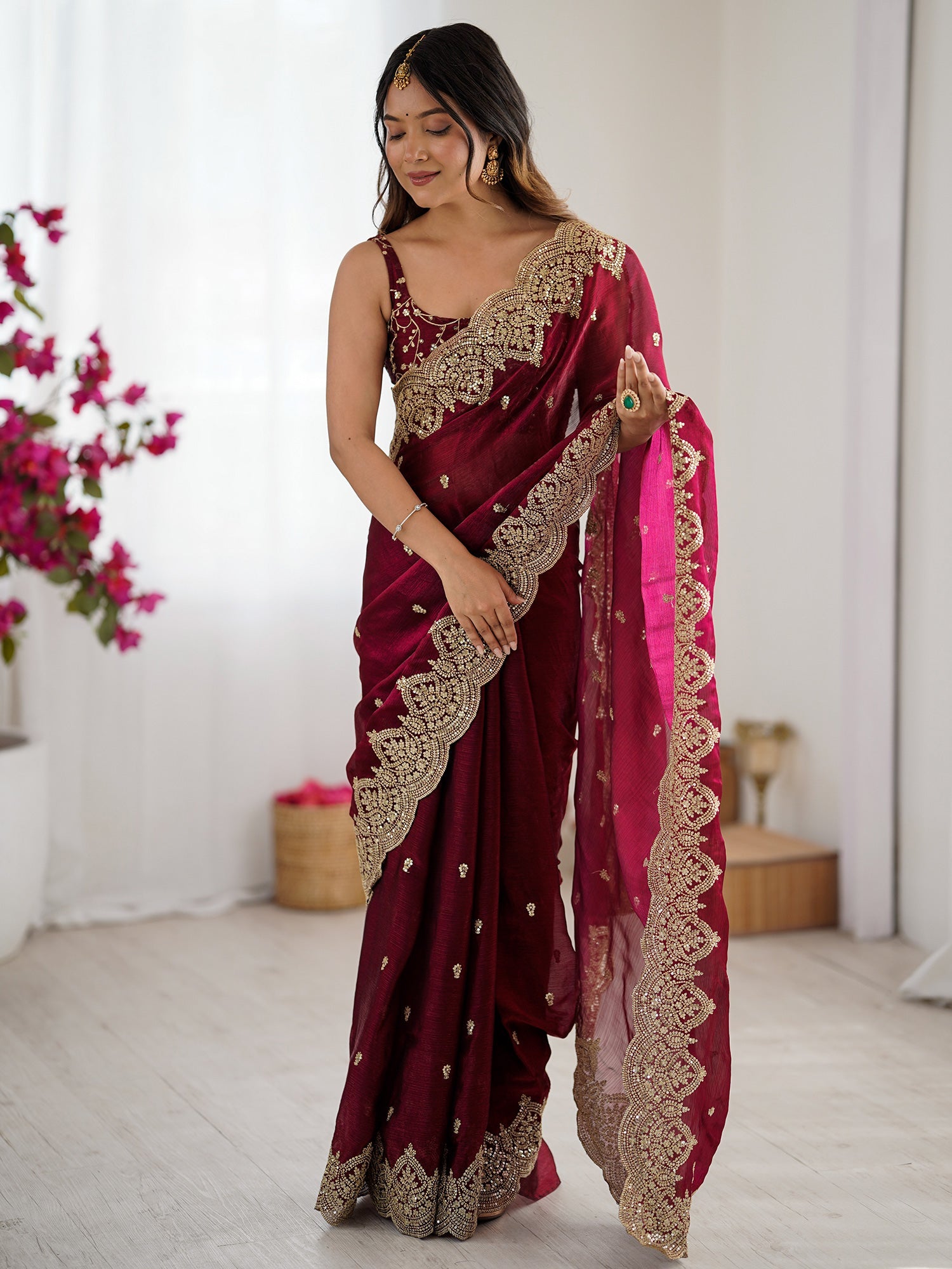 Burgundy Tissue Silk Ethnic Saree with Embroidered Blouse - Ressa