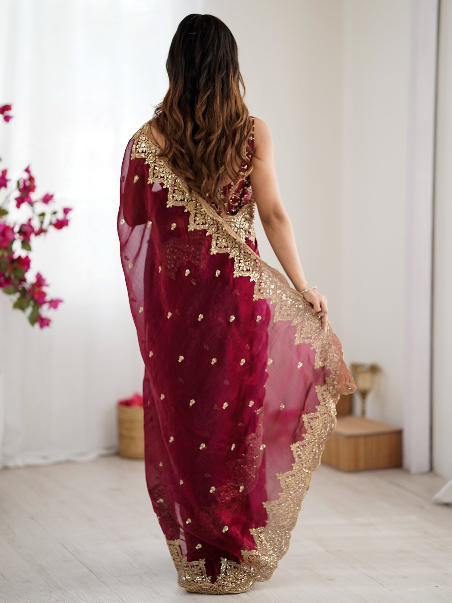 Burgundy Tissue Silk Ethnic Saree with Embroidered Blouse - Ressa