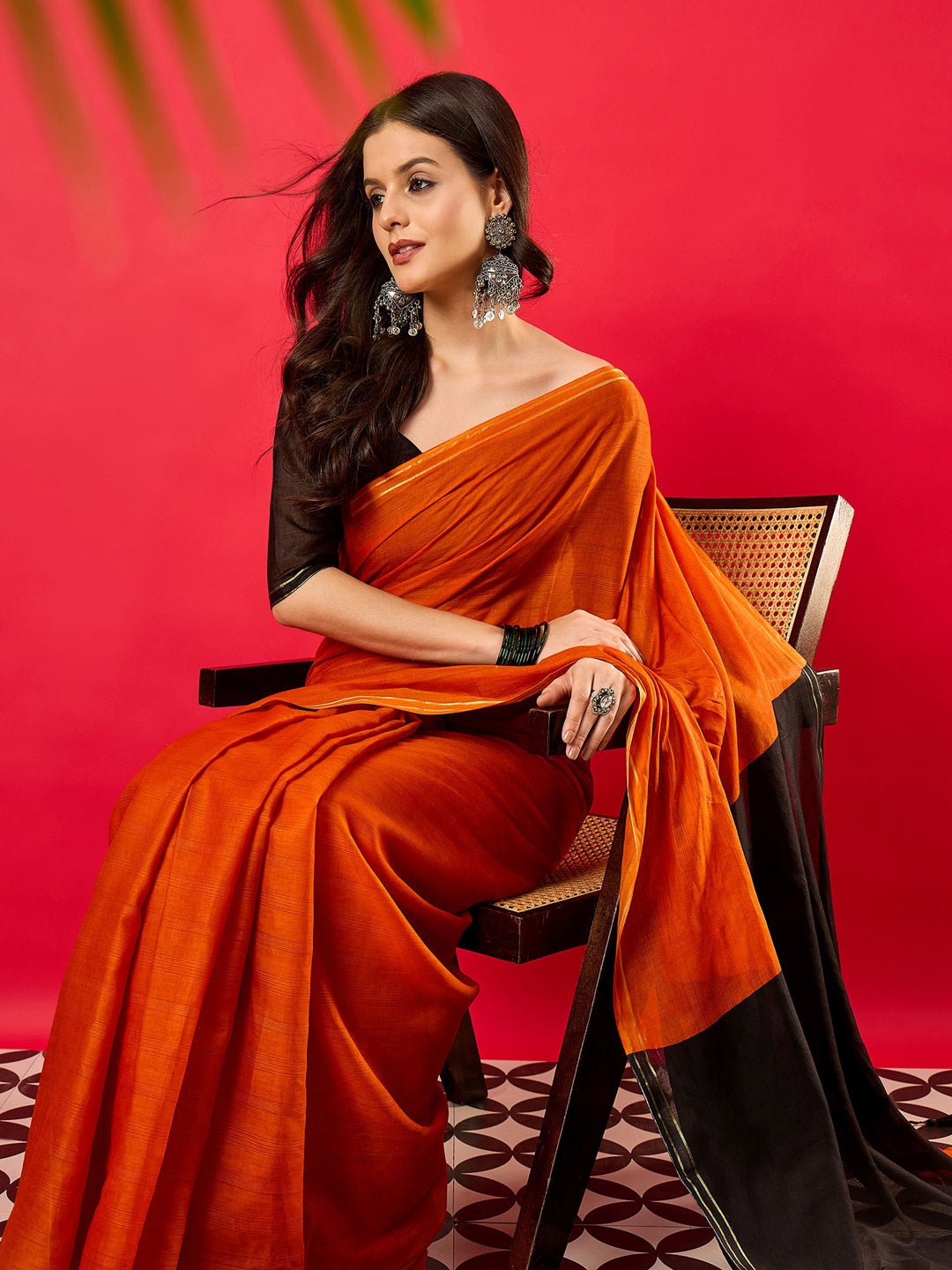 Burnt Orange & Black Colour Block Cotton Saree - Ressa