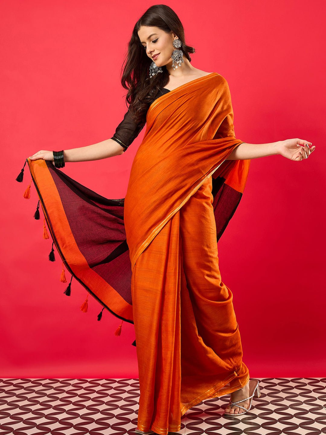 Burnt Orange & Black Colour Block Cotton Saree - Ressa