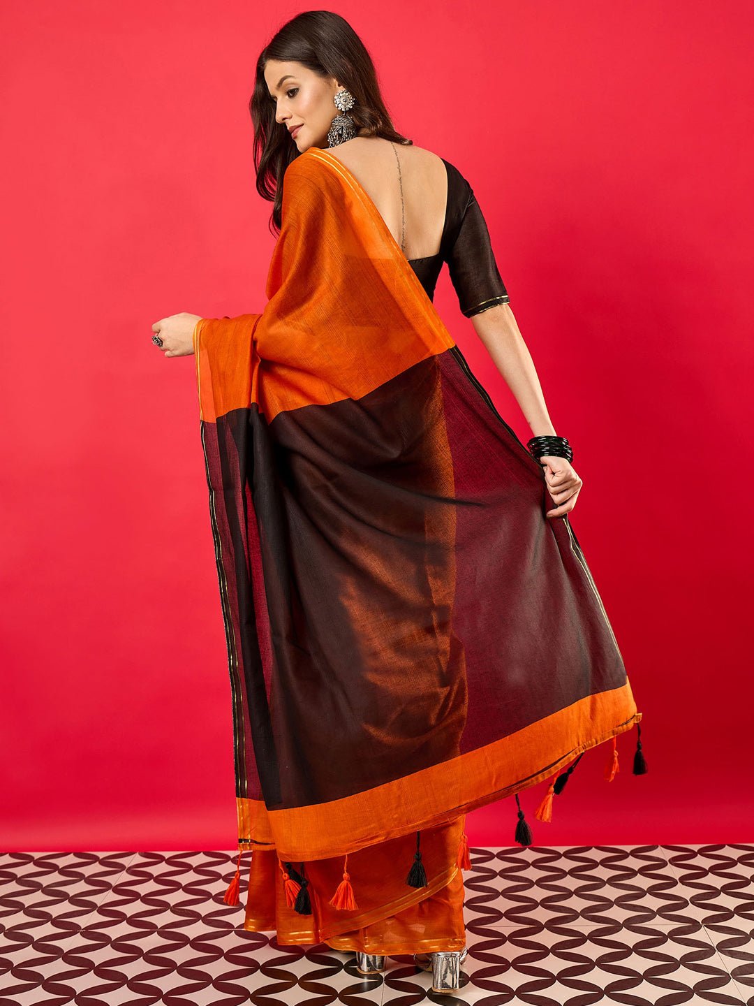 Burnt Orange & Black Colour Block Cotton Saree - Ressa