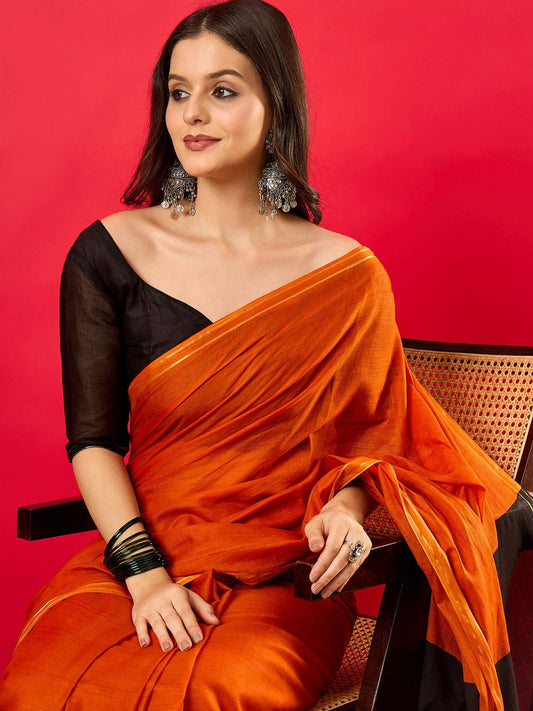 Burnt Orange & Black Colour Block Cotton Saree - Ressa