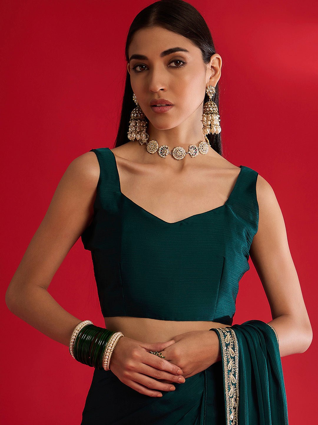 c Emerald Green Georgette Embroidered Saree with Gold Border - Ressa