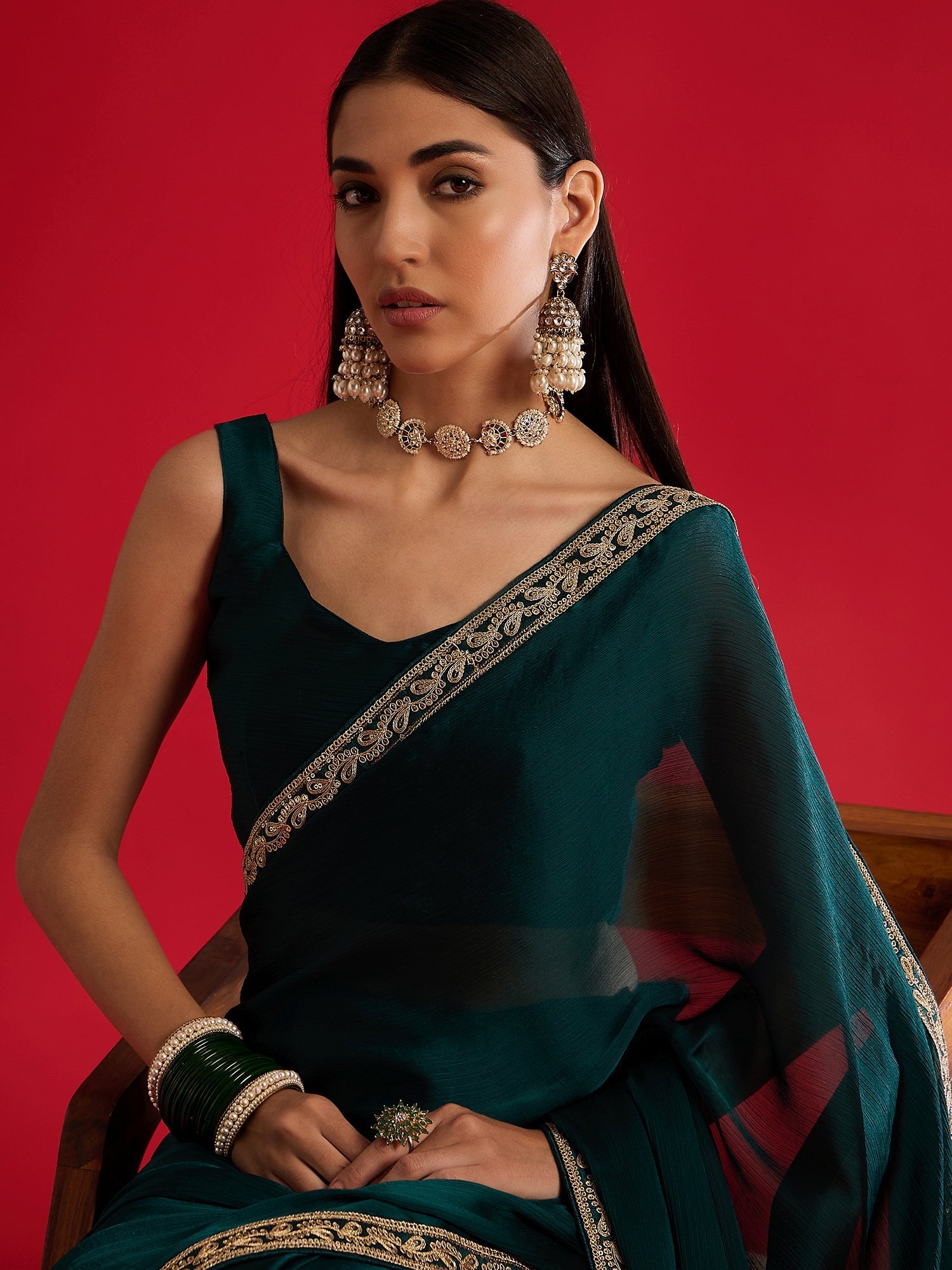 c Emerald Green Georgette Embroidered Saree with Gold Border - Ressa