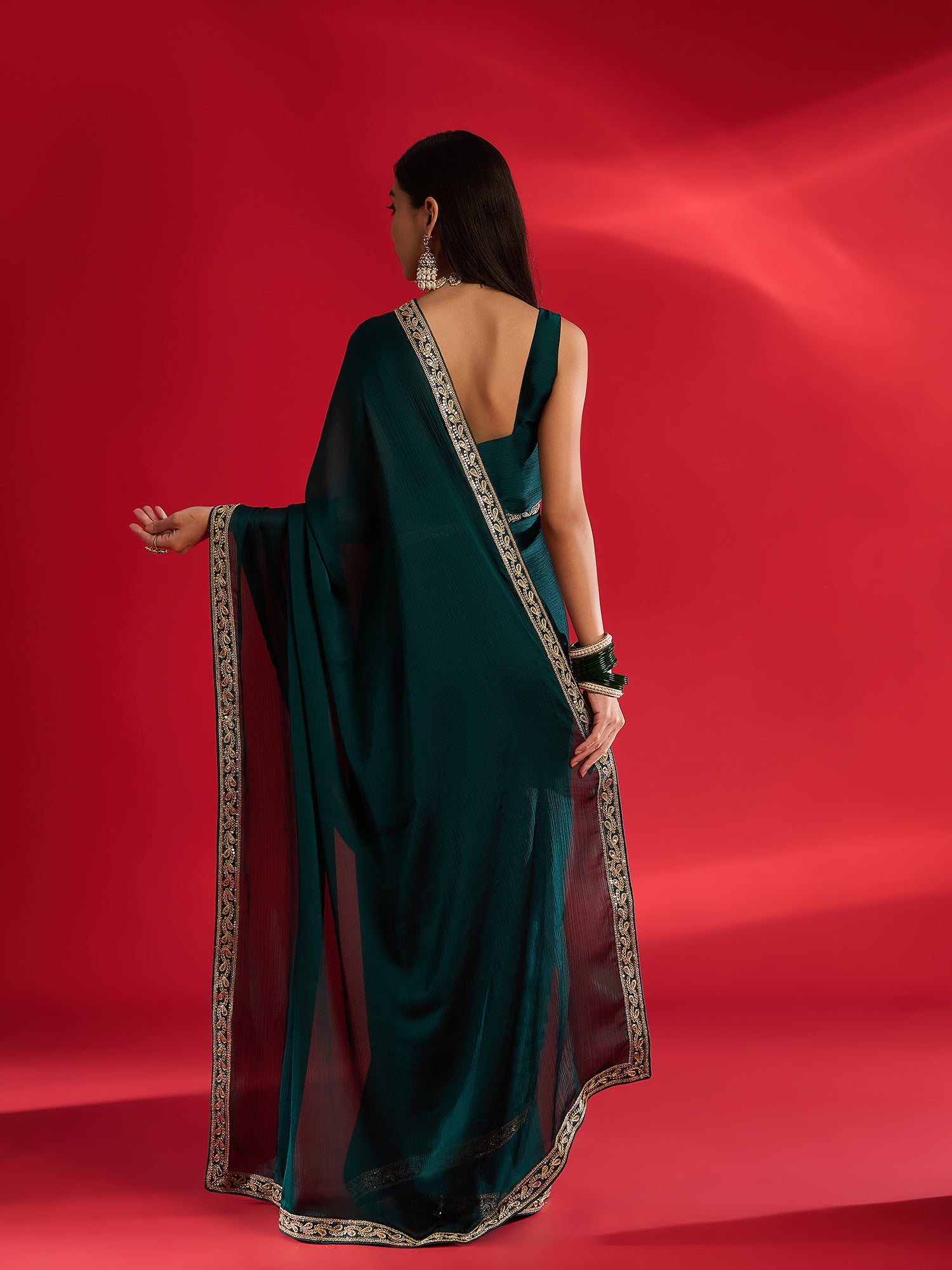 c Emerald Green Georgette Embroidered Saree with Gold Border - Ressa