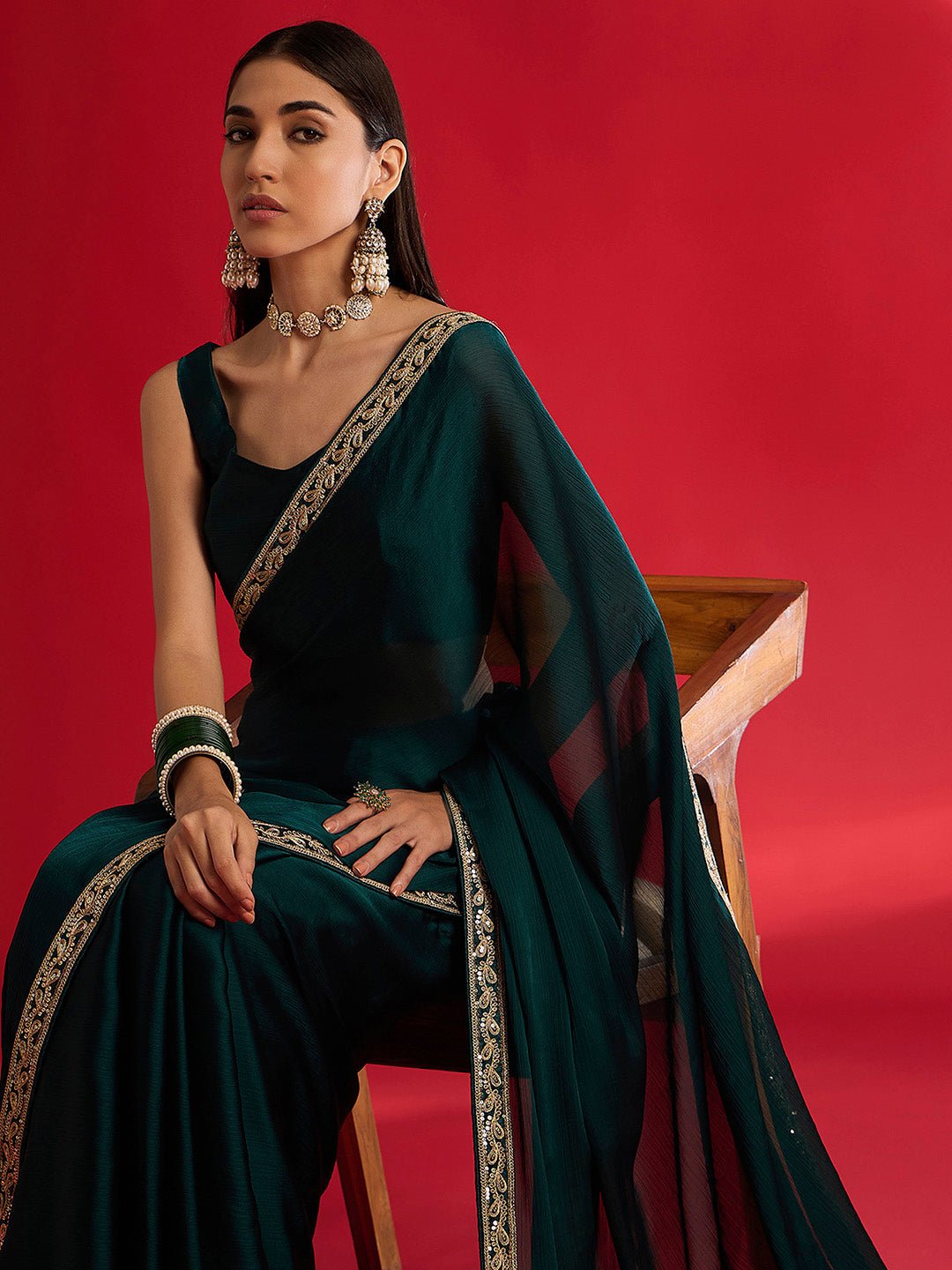 c Emerald Green Georgette Embroidered Saree with Gold Border - Ressa