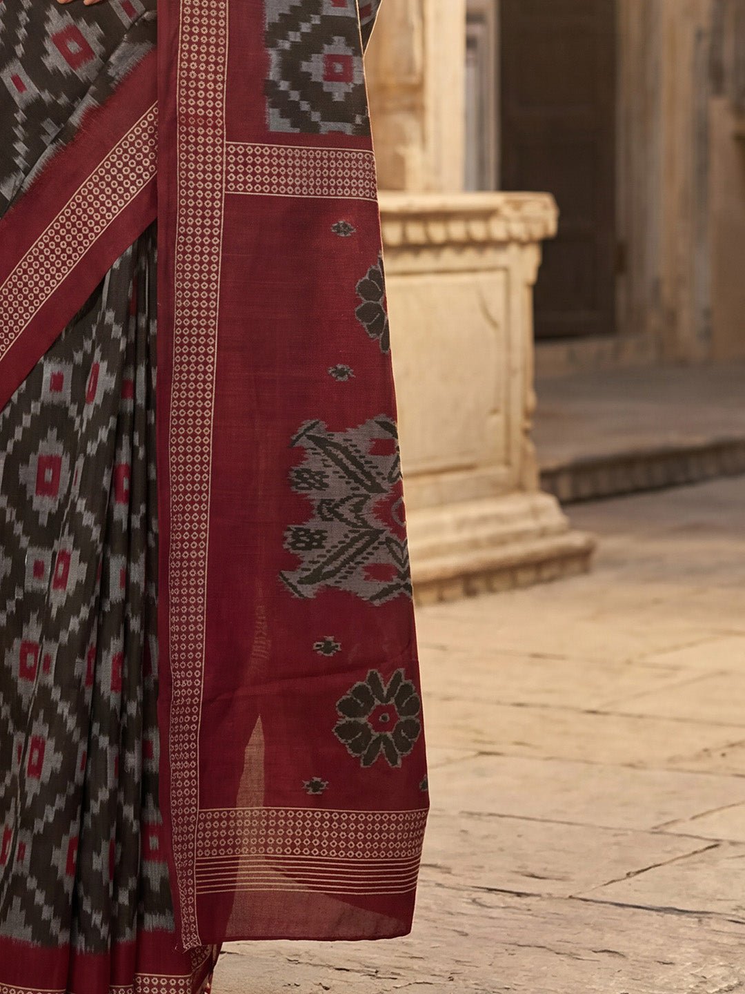 Charcoal Black Bhagalpuri Silk Ikkat Printed Saree - Ressa