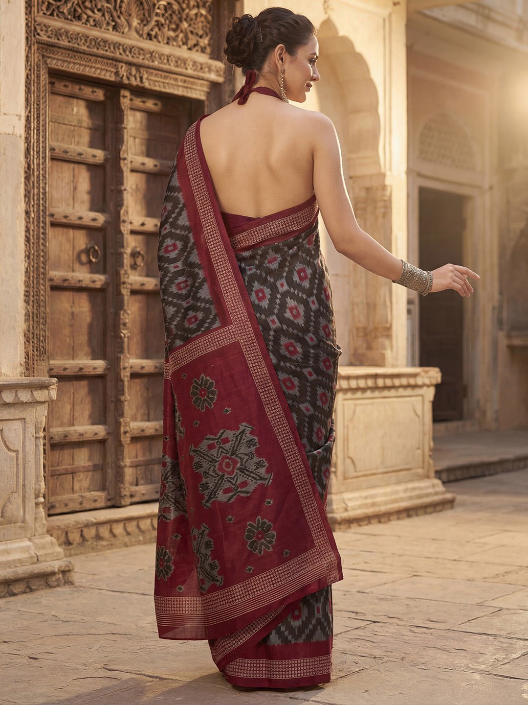 Charcoal Black Bhagalpuri Silk Ikkat Printed Saree - Ressa