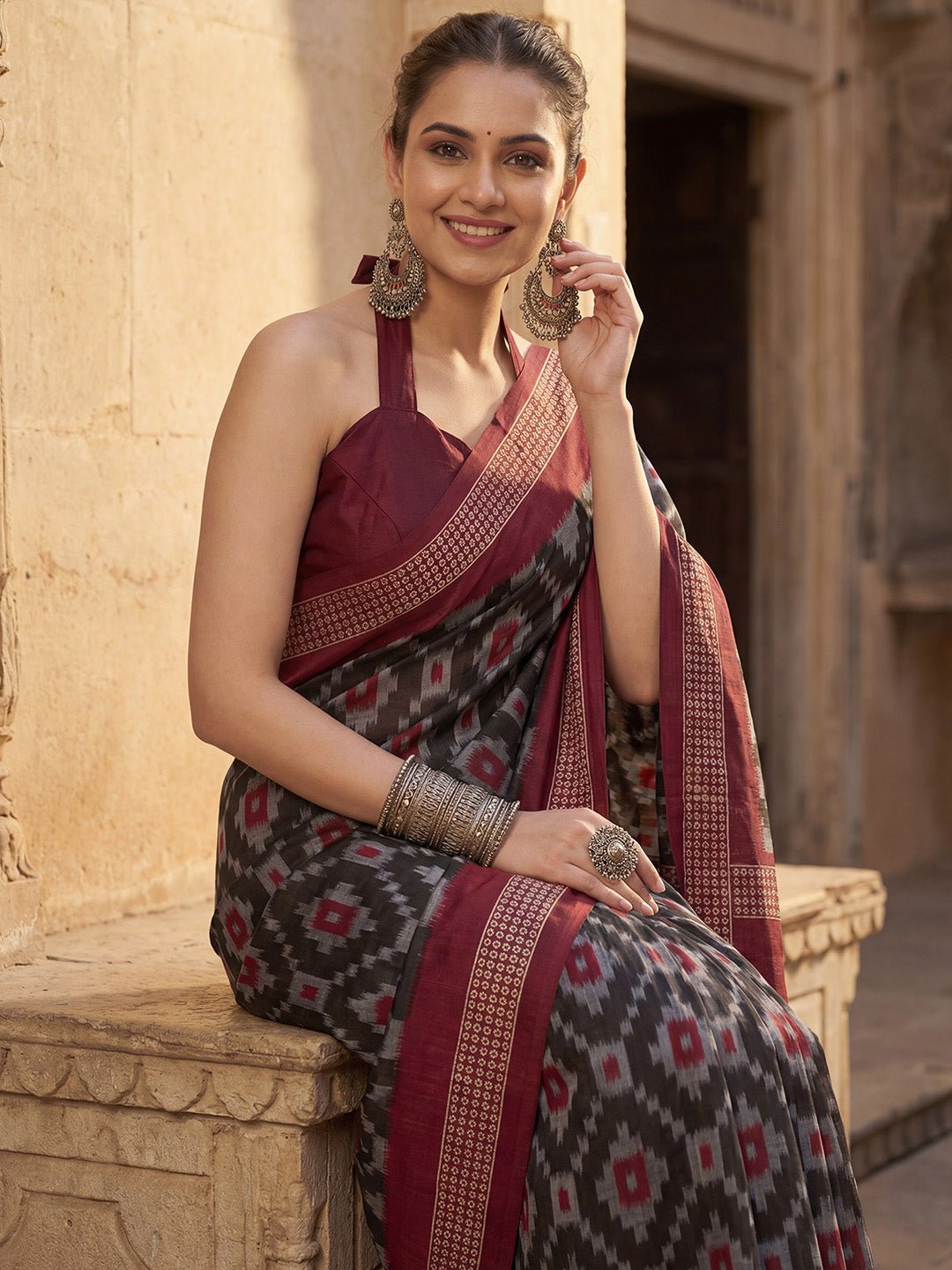 Charcoal Black Bhagalpuri Silk Ikkat Printed Saree - Ressa