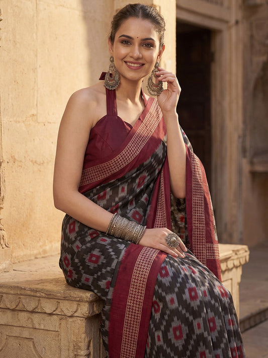 Charcoal Black Bhagalpuri Silk Ikkat Printed Saree - Ressa