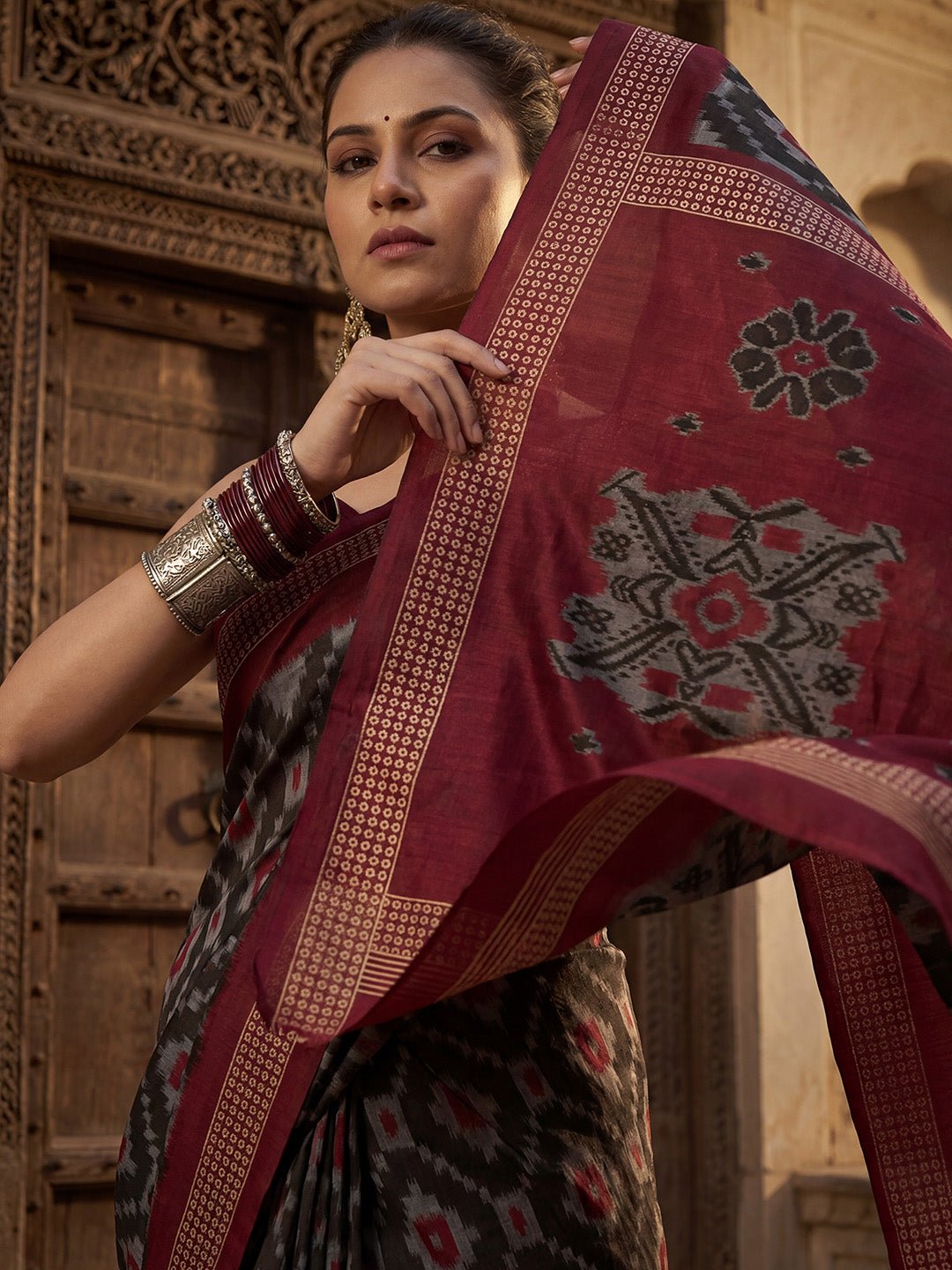 Charcoal Black Bhagalpuri Silk Ikkat Printed Saree - Ressa