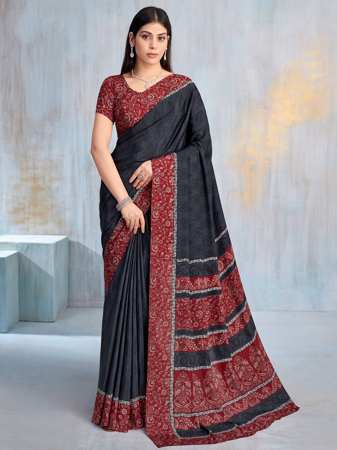 Charcoal Black Self-Weave Jacquard Crepe Saree - Ressa
