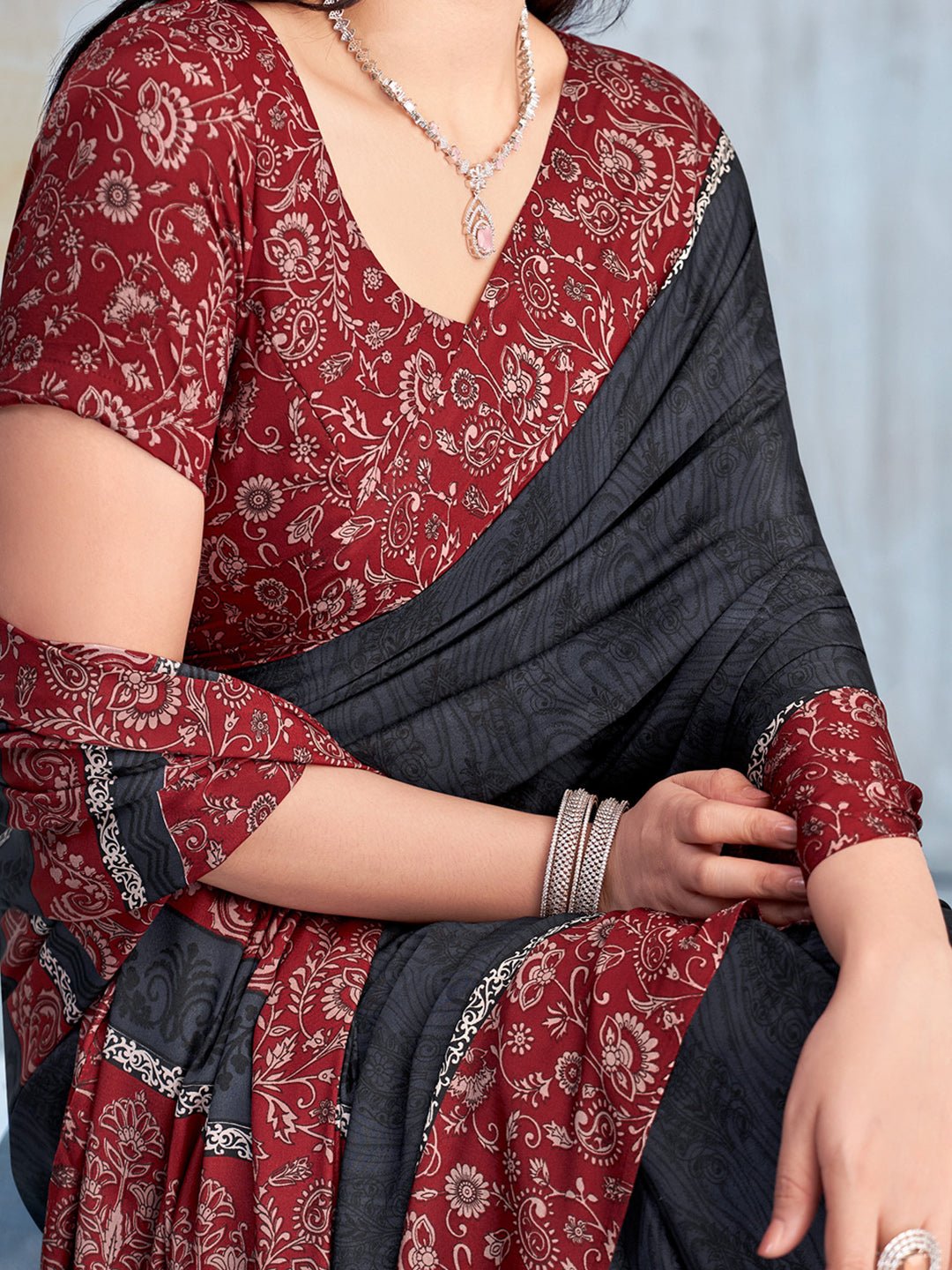 Charcoal Black Self-Weave Jacquard Crepe Saree - Ressa