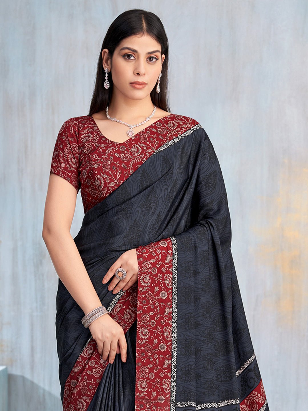 Charcoal Black Self-Weave Jacquard Crepe Saree - Ressa