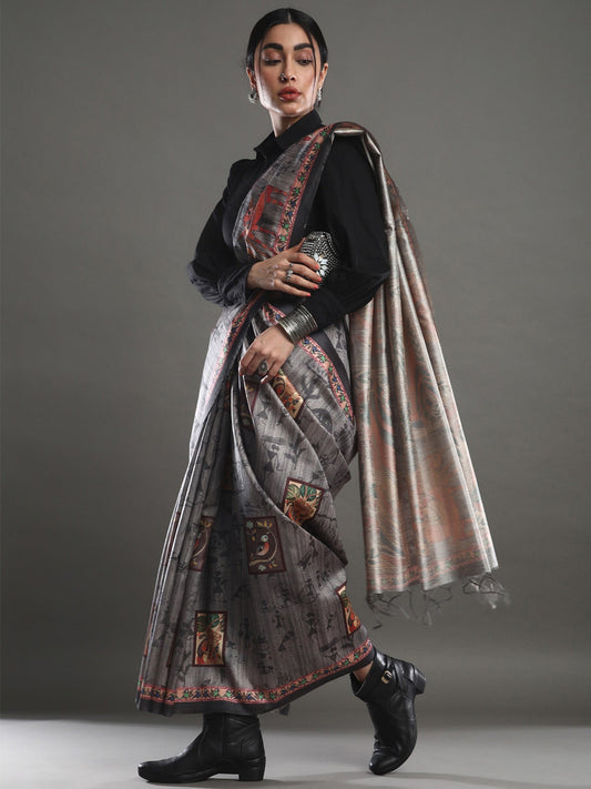 Charcoal Grey Kalamkari Printed Saree - Ressa