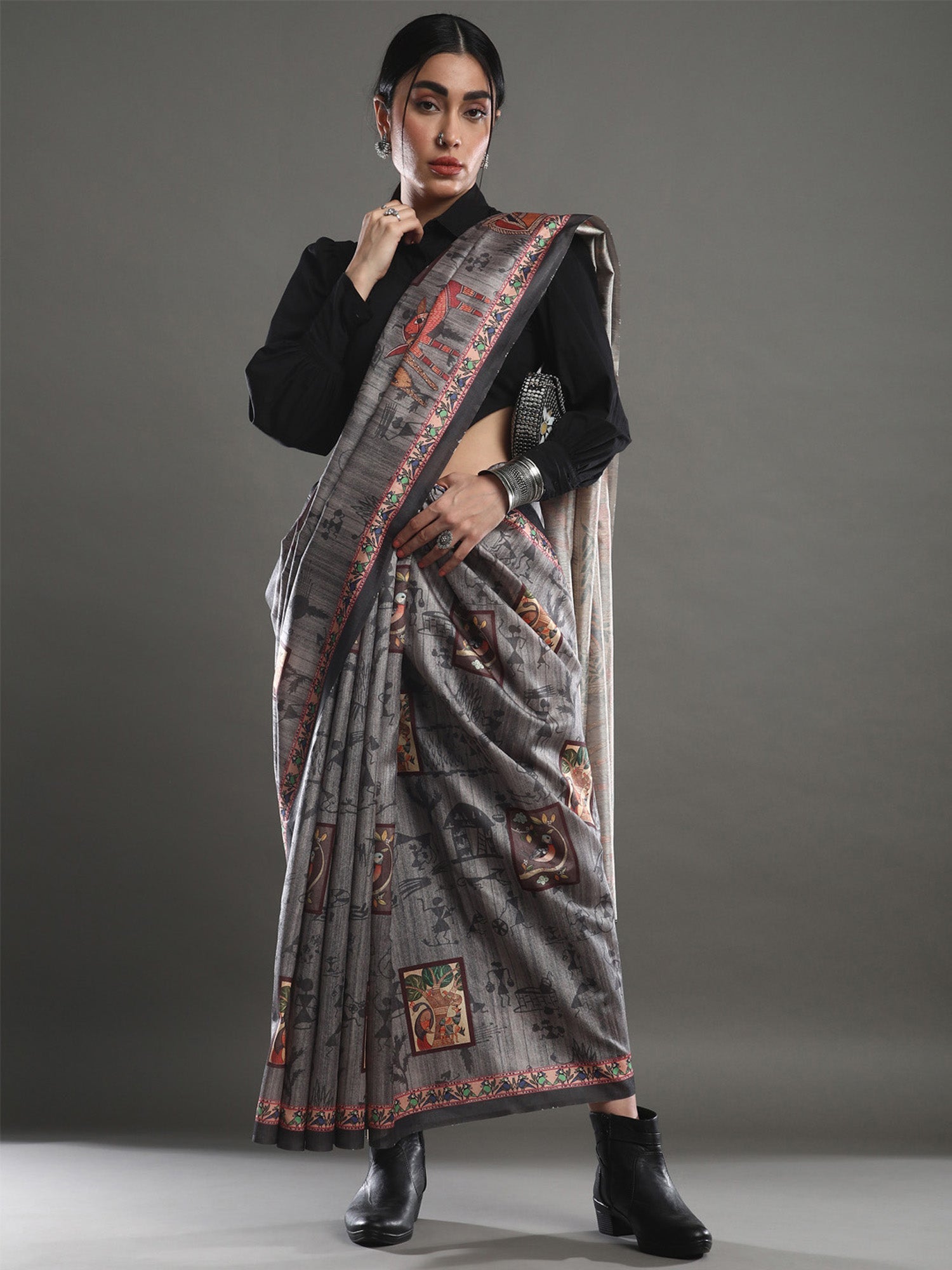 Charcoal Grey Kalamkari Printed Saree - Ressa