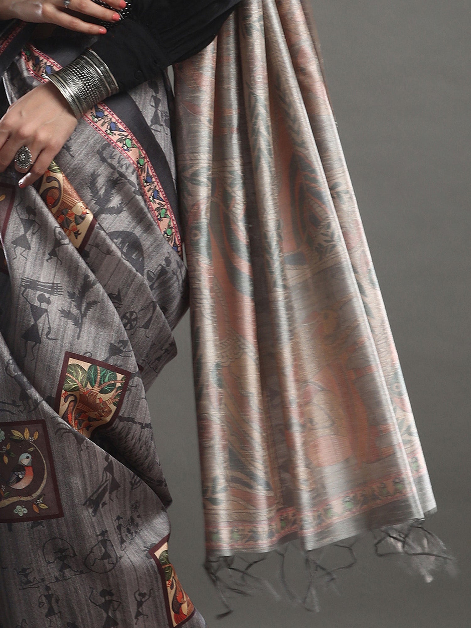Charcoal Grey Kalamkari Printed Saree - Ressa