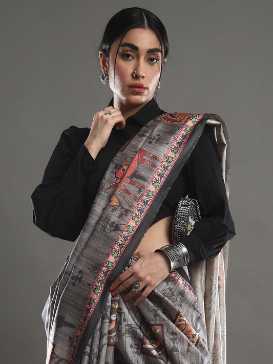 Charcoal Grey Kalamkari Printed Saree - Ressa