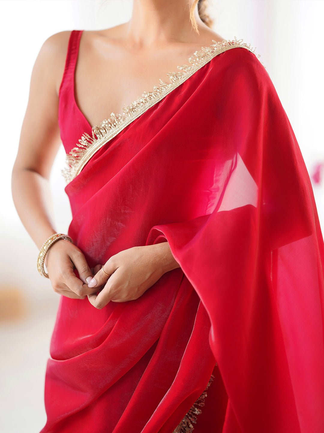 Cherry Red Georgette Saree with Gold Fringe Tassel Border - Ressa