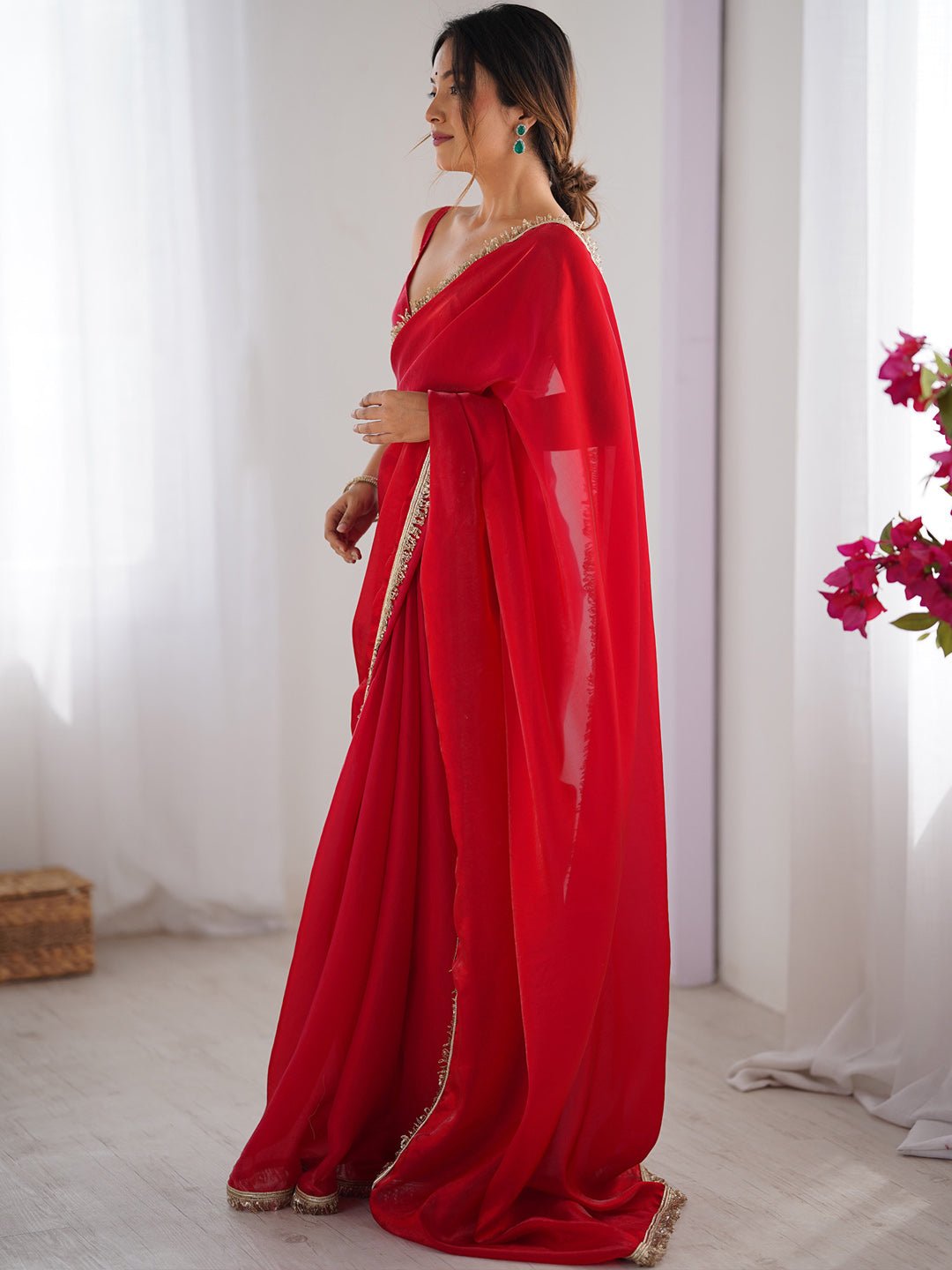 Cherry Red Georgette Saree with Gold Fringe Tassel Border - Ressa