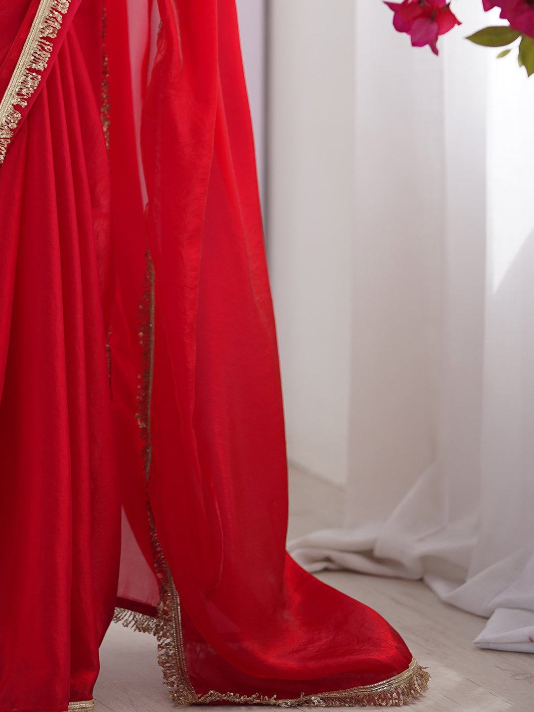 Cherry Red Georgette Saree with Gold Fringe Tassel Border - Ressa