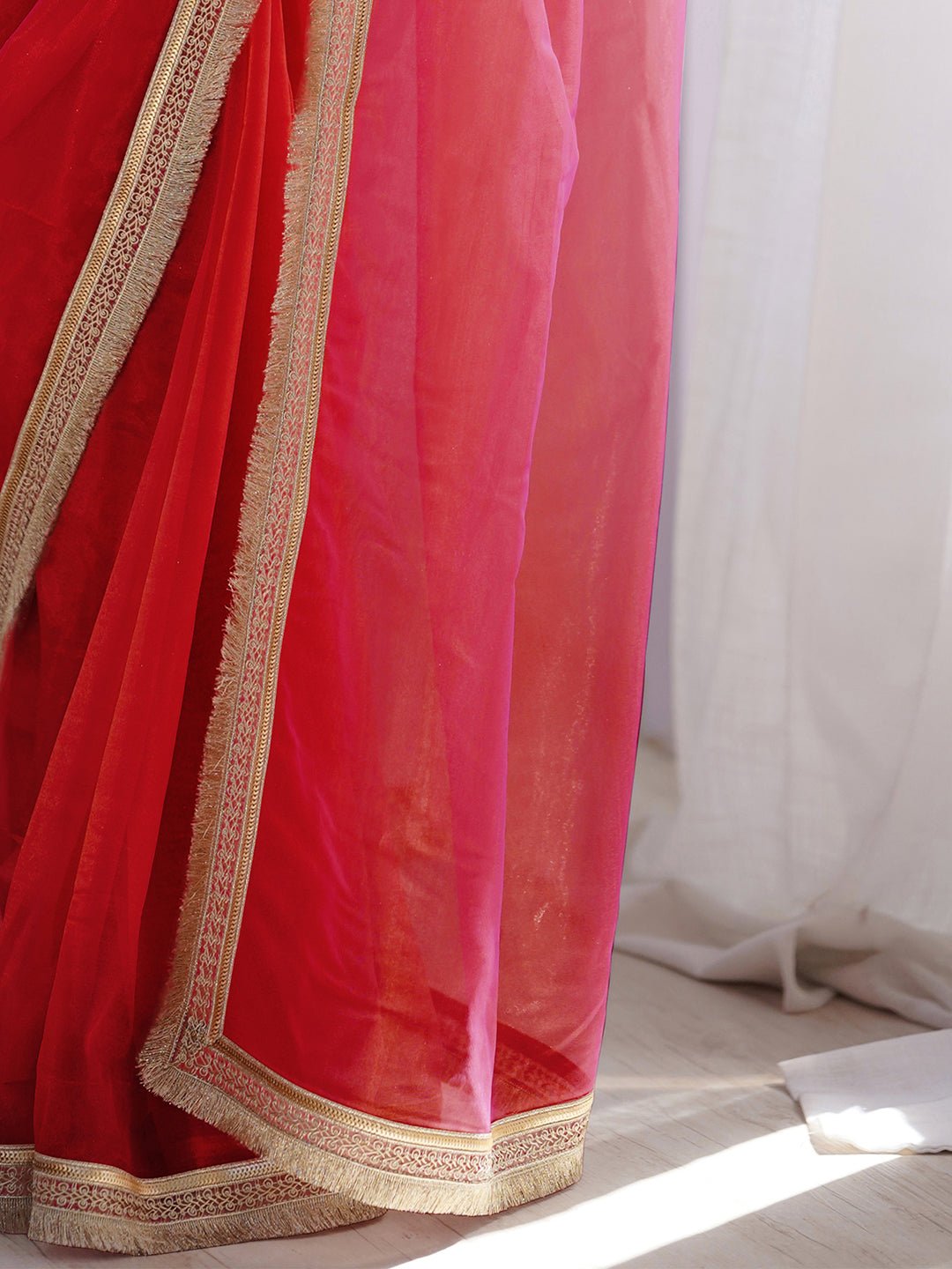 Cherry Red Organza Saree with Scalloped Zari Border - Ressa