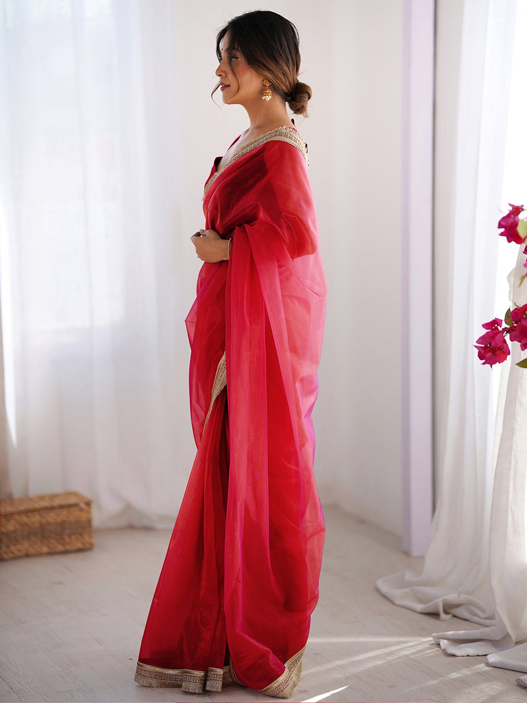 Cherry Red Organza Saree with Scalloped Zari Border - Ressa