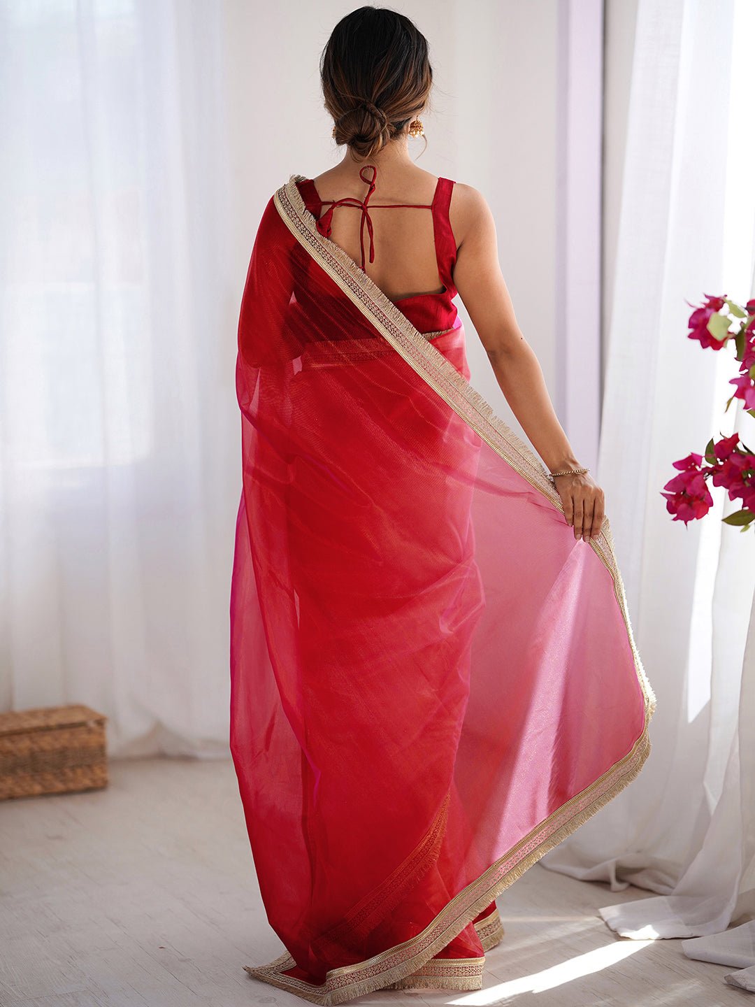 Cherry Red Organza Saree with Scalloped Zari Border - Ressa