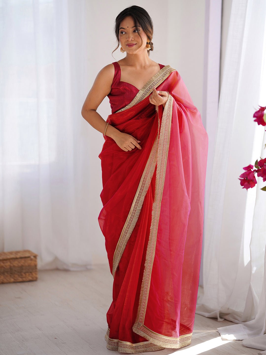 Cherry Red Organza Saree with Scalloped Zari Border - Ressa