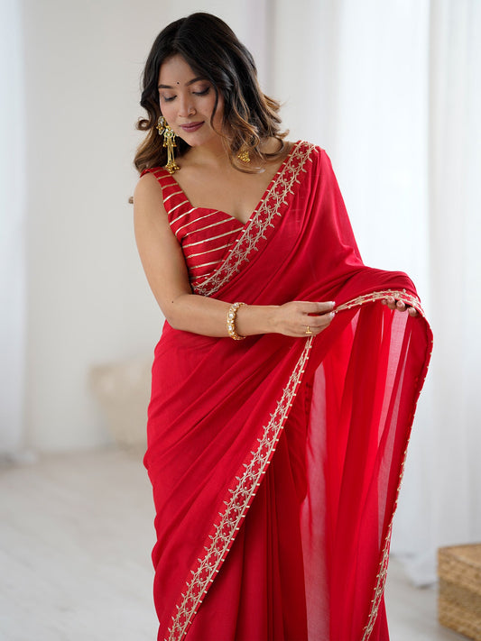 Cherry Red Vichitra Silk Saree - Ressa