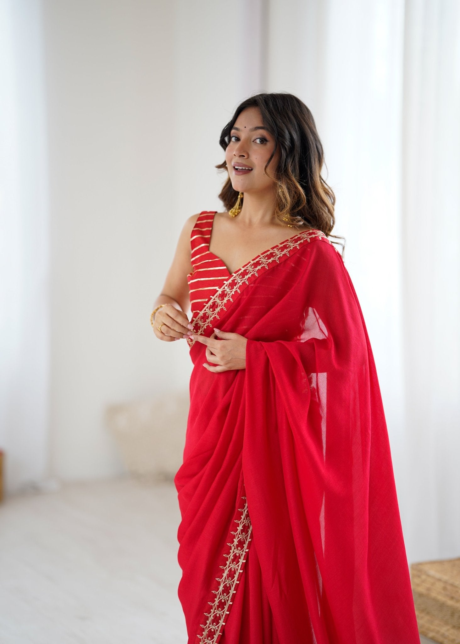 Cherry Red Vichitra Silk Saree - Ressa