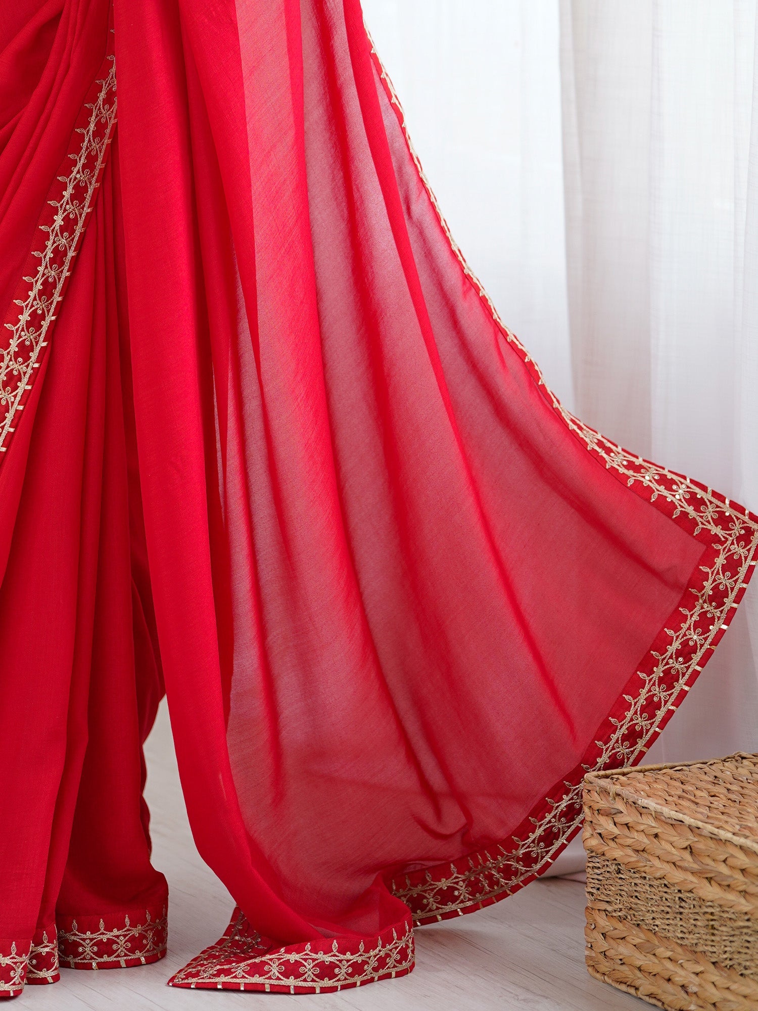 Cherry Red Vichitra Silk Saree - Ressa