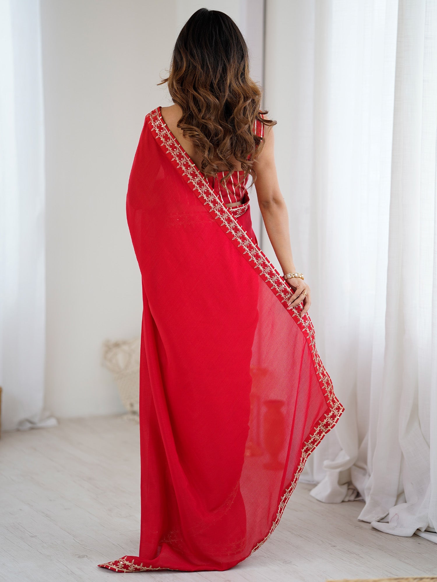 Cherry Red Vichitra Silk Saree - Ressa