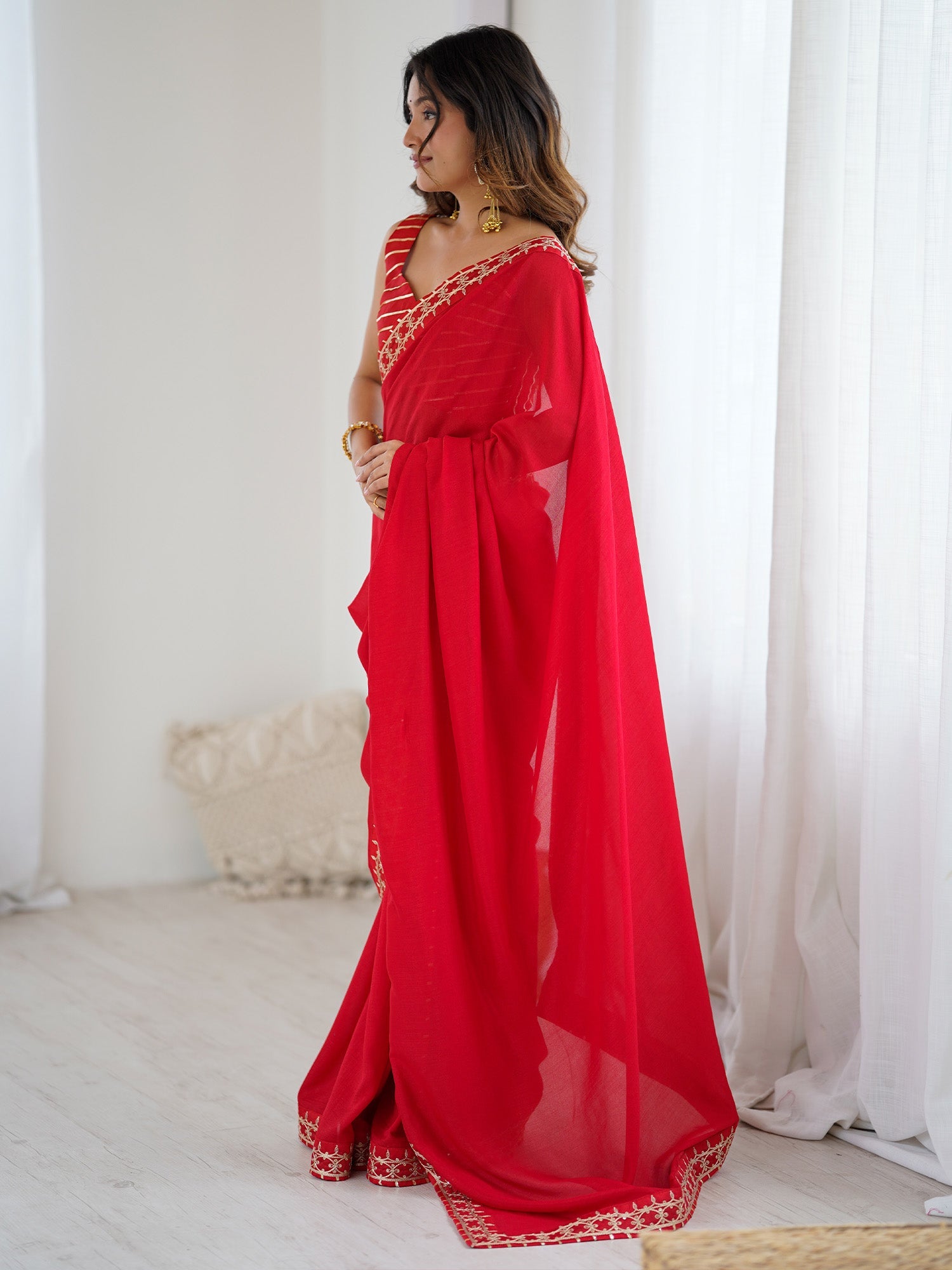 Cherry Red Vichitra Silk Saree - Ressa