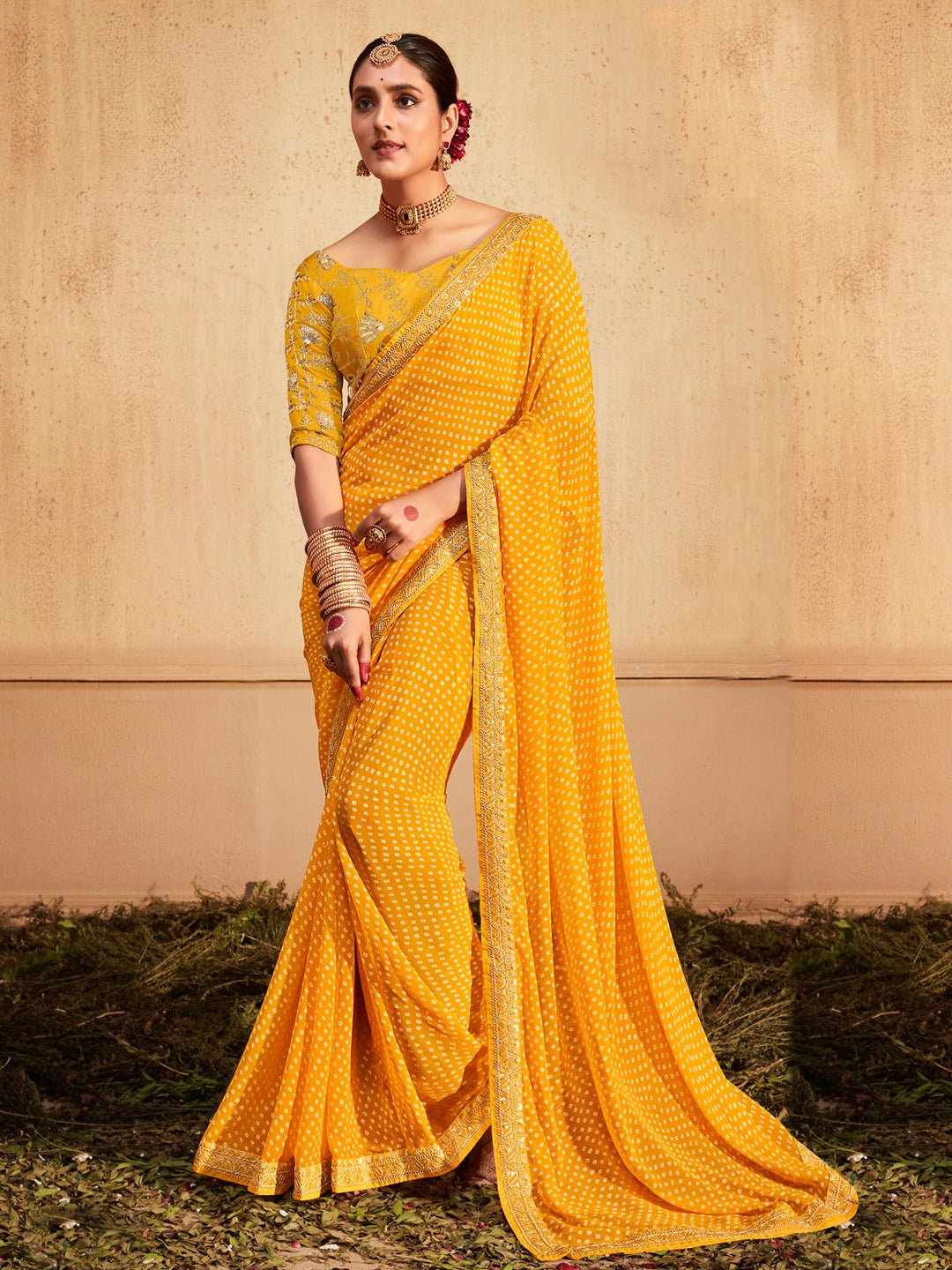 Chiffon Bandhani Saree with Gold Zari Border - Ressa