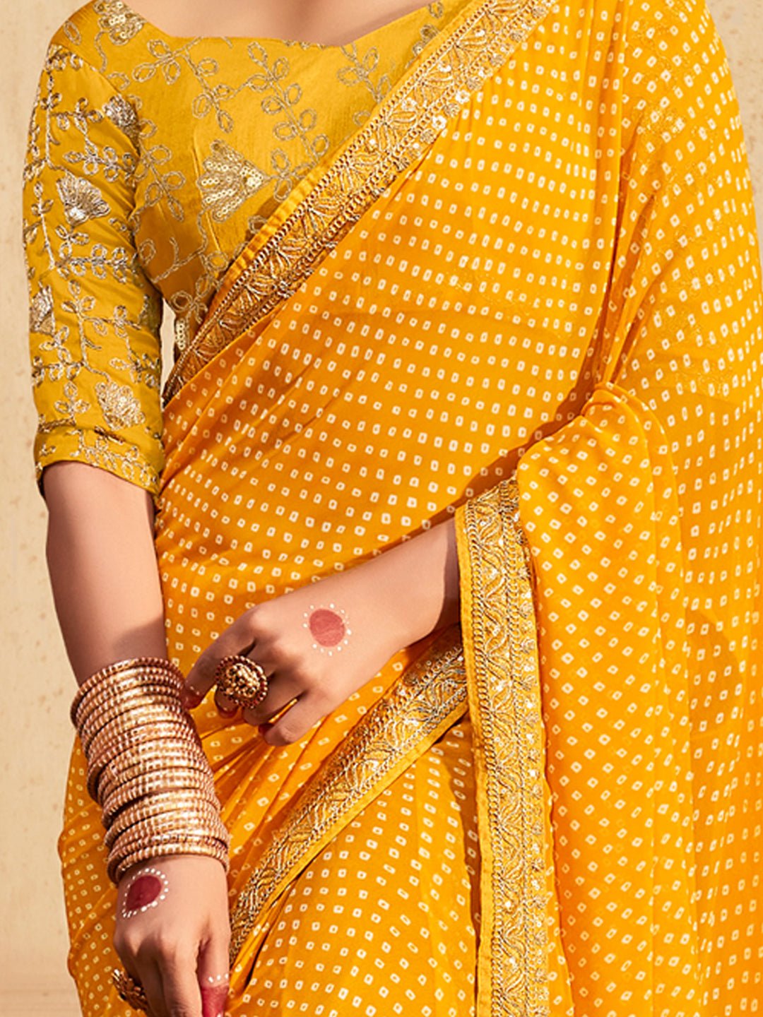 Chiffon Bandhani Saree with Gold Zari Border - Ressa