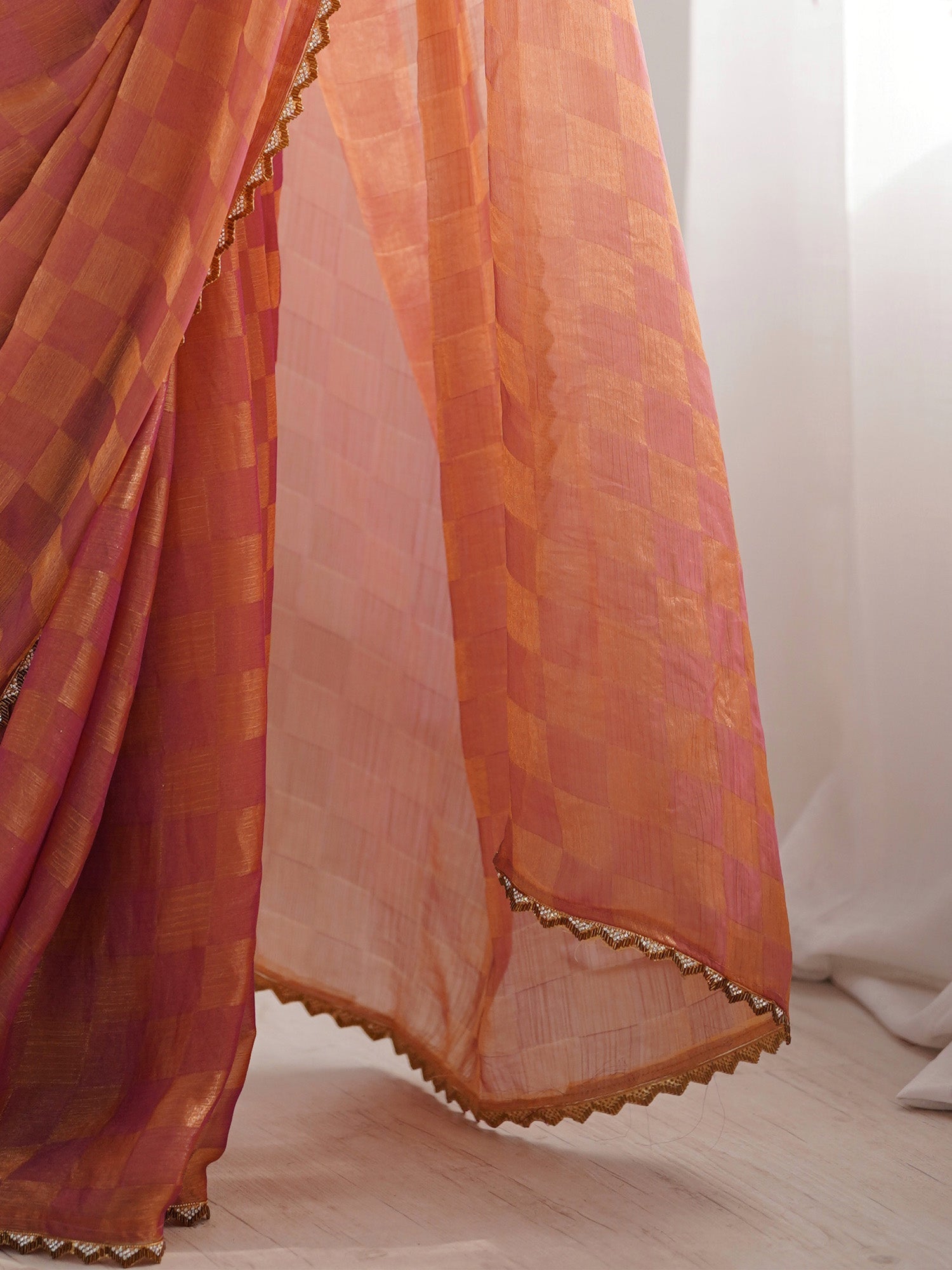 Chiffon Checks Saree in Dusty Rose & Peach - Ressa